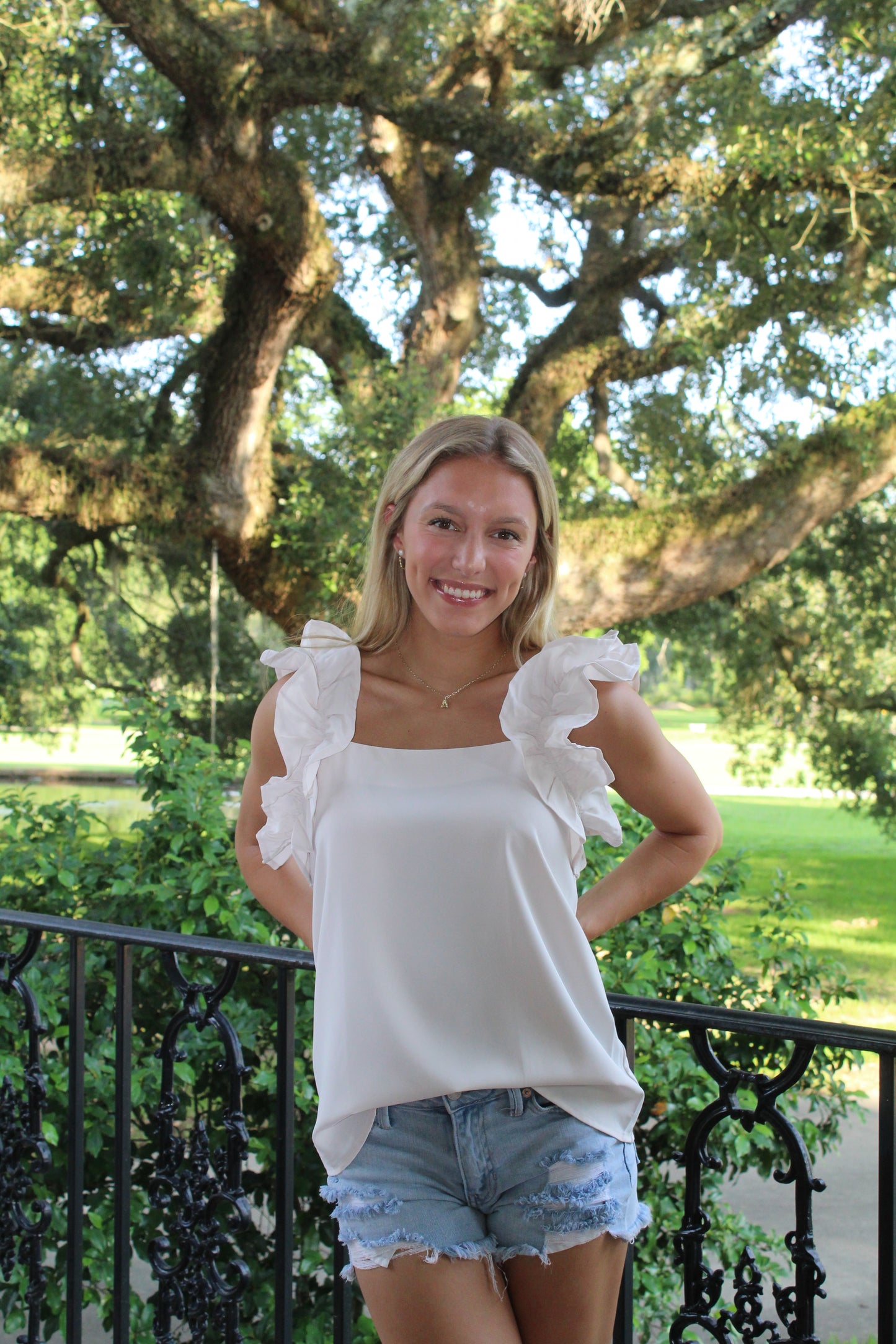 Oatmeal Ruffle Sleeveless Top