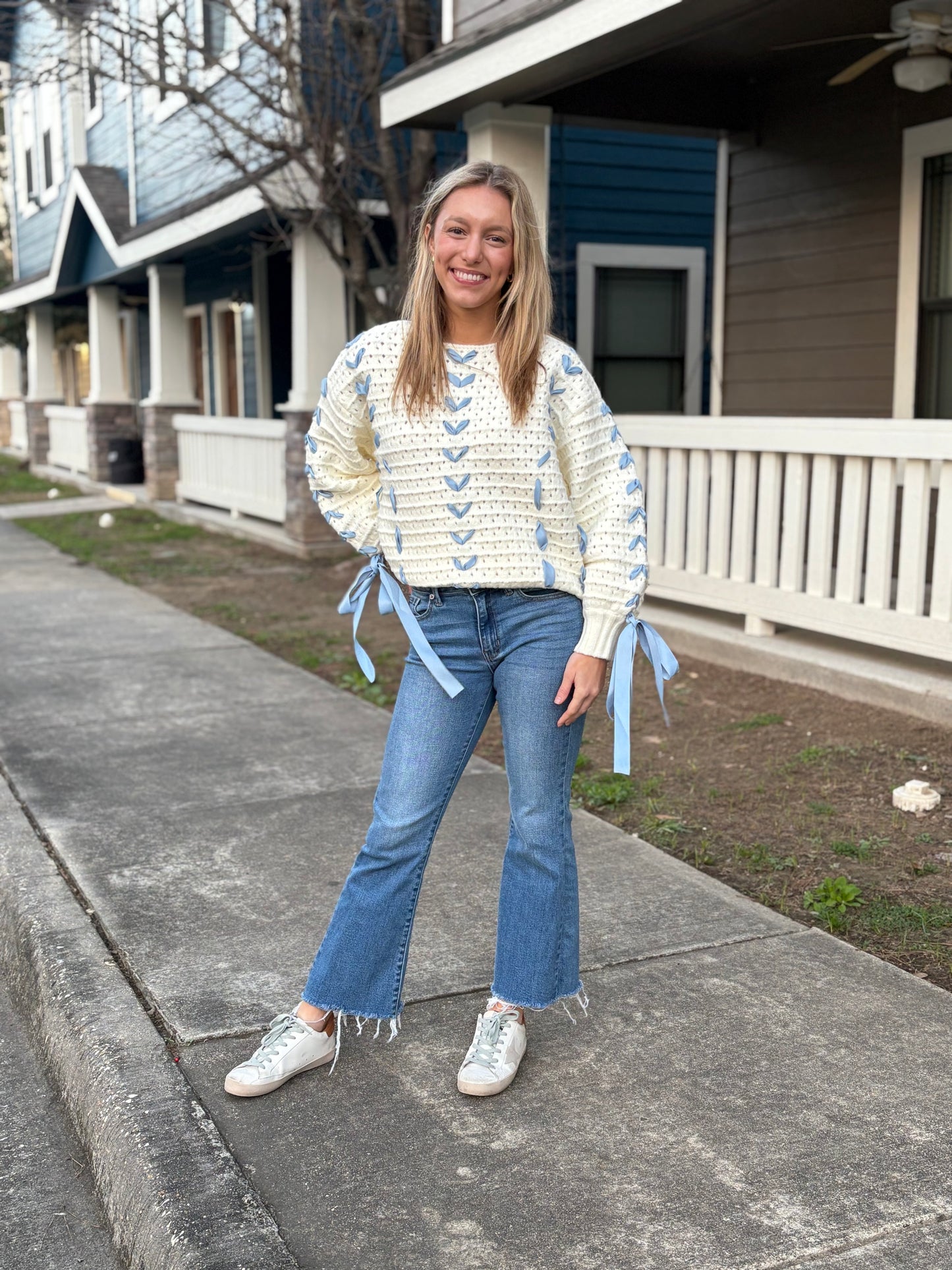 Ivory Blue Bow Sweater