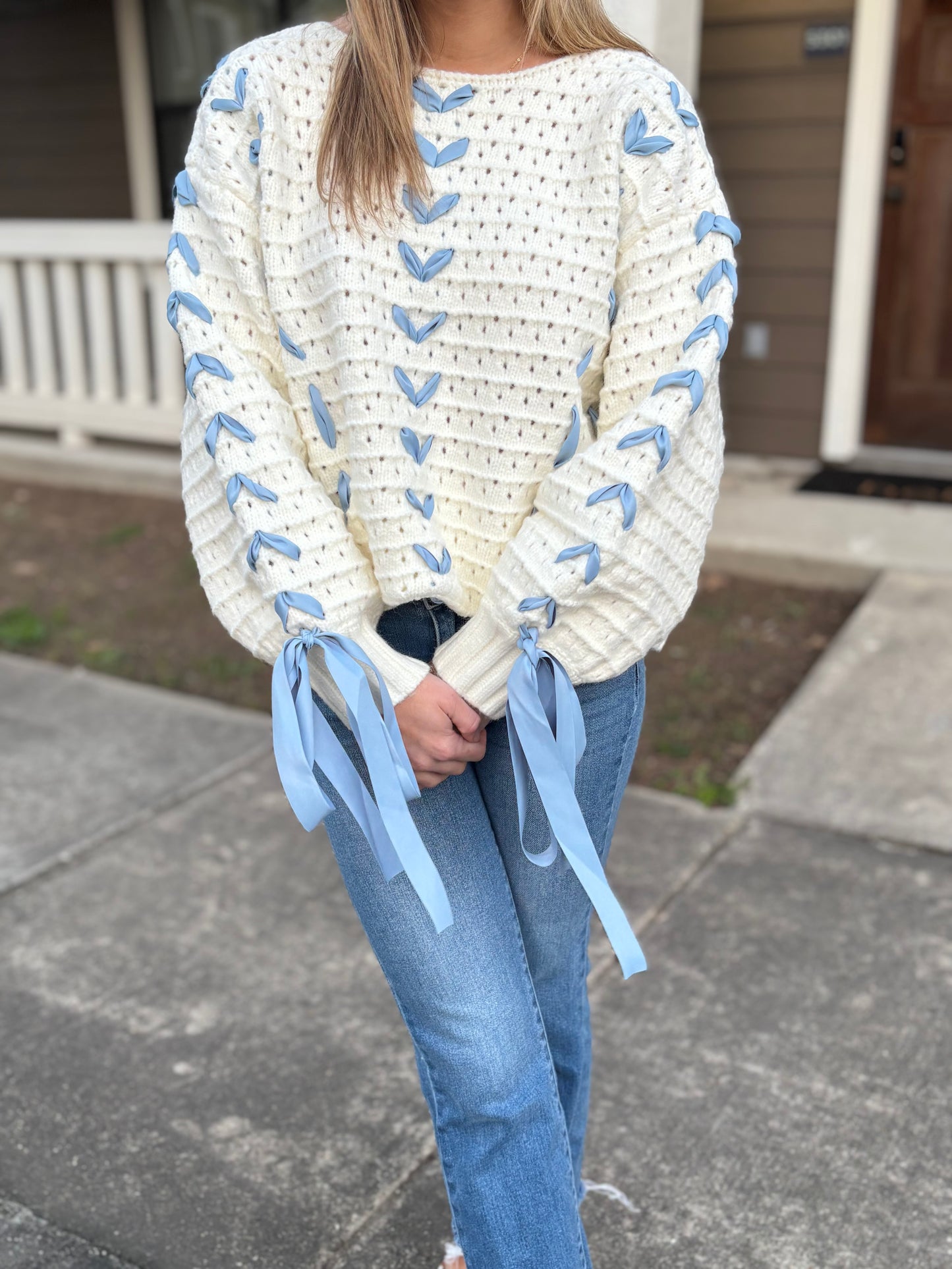 Ivory Blue Bow Sweater